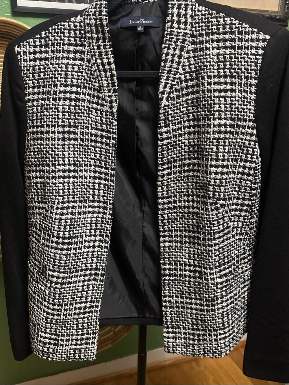 Evan Picone Tweed Open Front Blazer Jacket Black White Size 12 Contrast Sleeve
